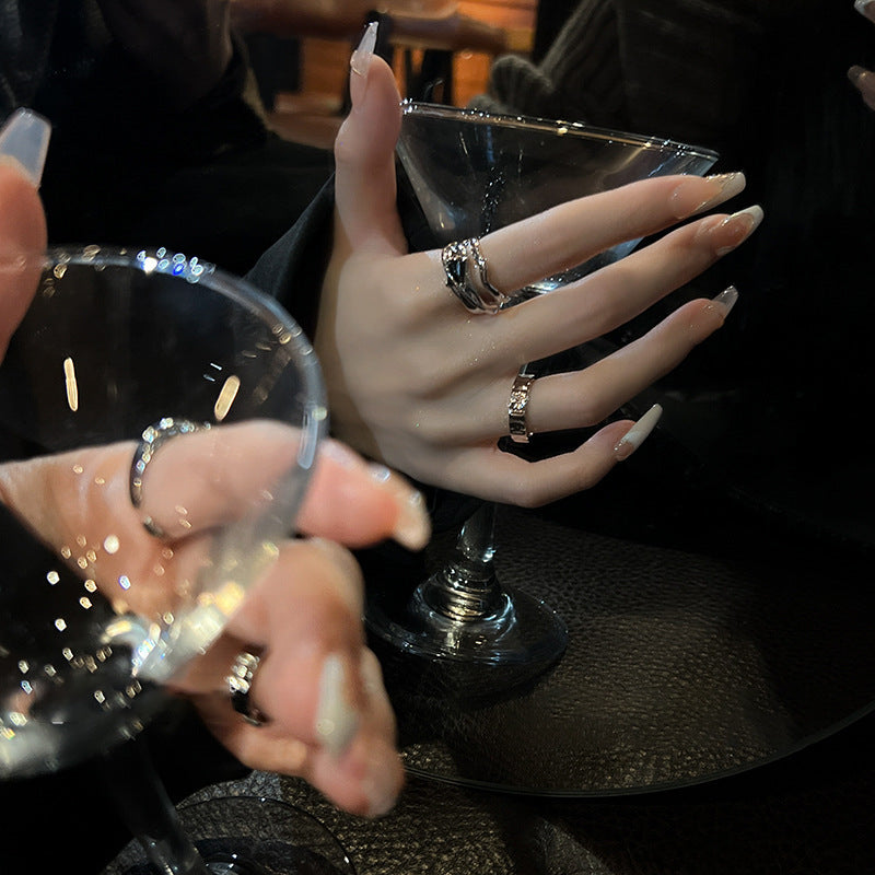 Geometric Metal Ring Set With Black Crystal Accents Stylish Line Design For Women And Girls Two Piece Ring Set