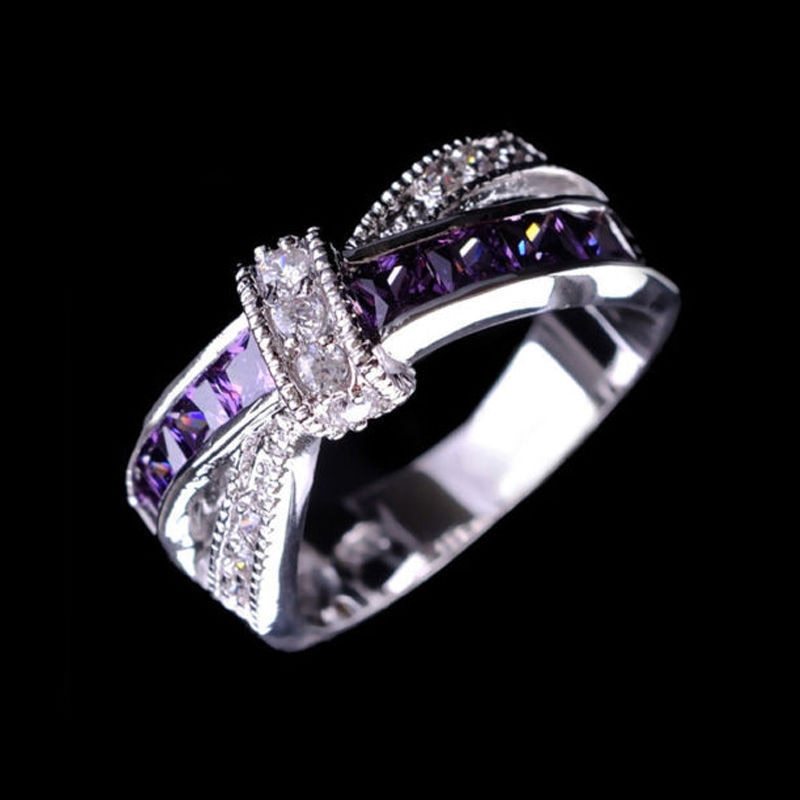 Electroplated Geometric Metal Ring With Amethyst Accents And Diamond Detailing European Style Single Packed In
