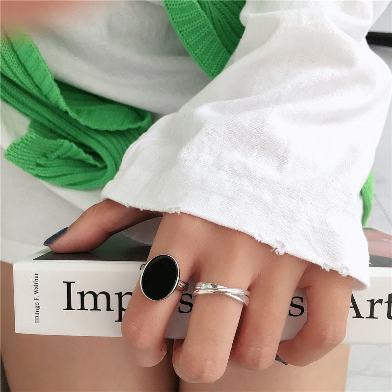Womens Sterling Silver Ring Black Round Medal Cross Korean Geometric Design 925 Silver Adjustable Open Fashion