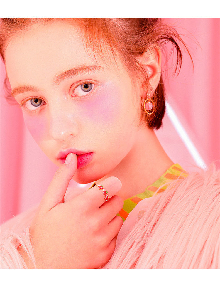 Strawberry Ring Adjustable Alloy Drip Glaze Zircon Mosaic Cute Fruit Jewelry For Women And Girls For Size 51mm