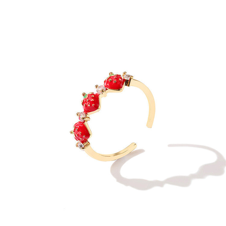 Strawberry Ring Adjustable Alloy Drip Glaze Zircon Mosaic Cute Fruit Jewelry For Women And Girls For Size 51mm