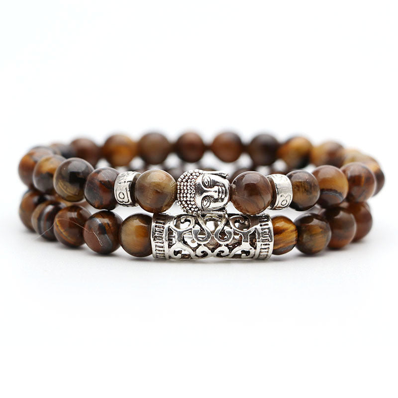 Natural Stone Bracelet 8MM Volcanic Stone and Tiger Eye Beads Elastic Cord Bracelet 19CM Alloy Accessories Set