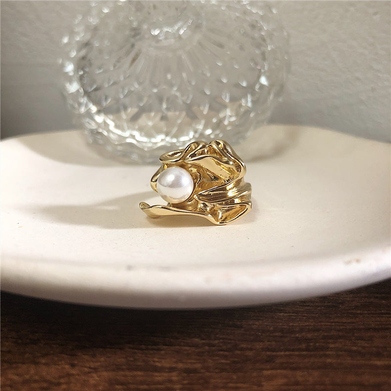 Pearl Ring With Leaves Metal Vintage Geometric Style Electroplating Processing Type Modeling Material Geometric