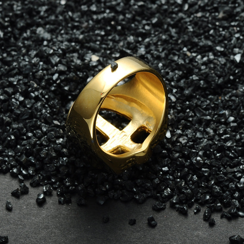 Titanium Steel Shield Ring with Cross Symbol Gold Plated Alloy Inlaid Gemstone Ring Men's Fashion Jewelry US Code 8 9 10 11 and 12