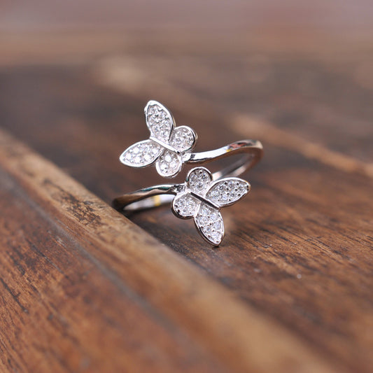 Sterling Silver Zircon Double Butterfly Ring For Women Korean Bowknot Style 925 Gemstone Ornament Gift Sparkling Stones