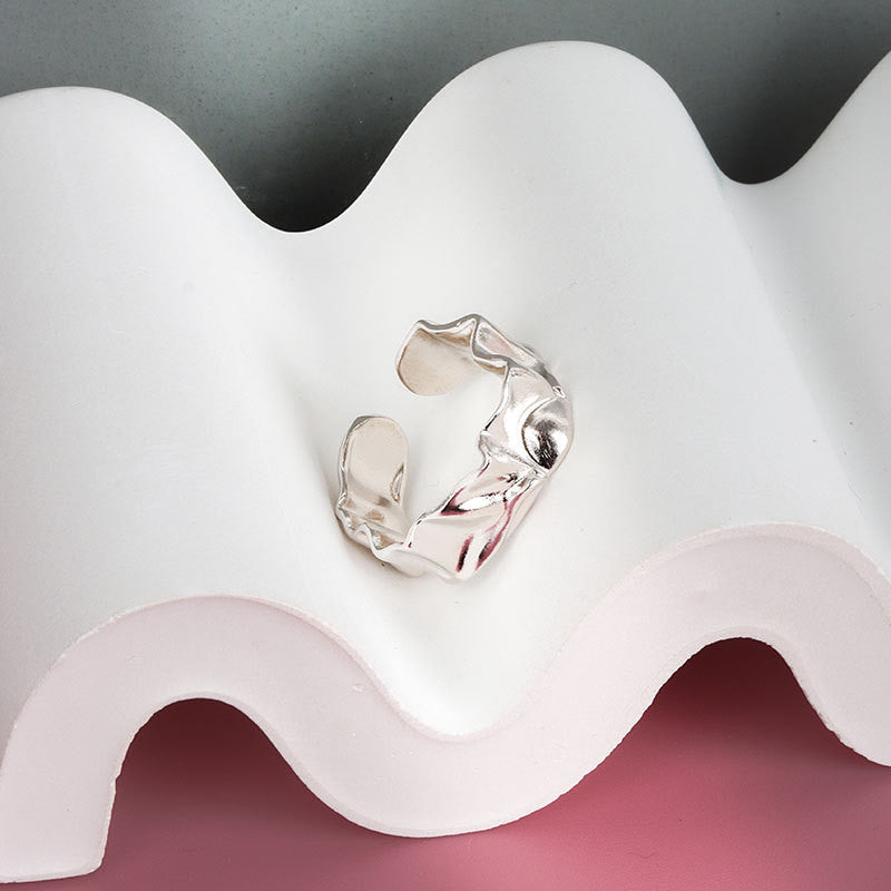 Womens Adjustable Copper Ring Geometric Design Irregular Fold Texture Electroplated Gold Finish Fashion Design