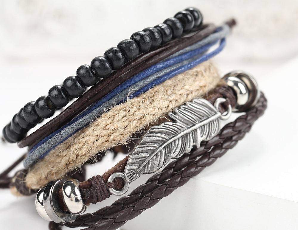 Hand Woven Leather Bracelet Angel Wing Feather Alloy Wood Beads Star Charm Unisex Geometric Style Golden Shine