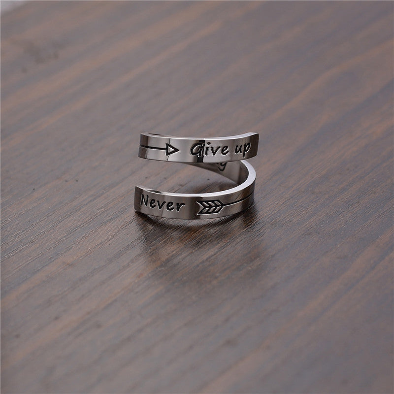 Stainless Steel Double Layer Ring Engraved Never Give Up Motivational Inspirational Band Durable Jewelry Gifts