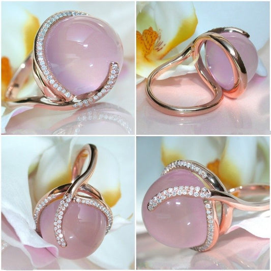 Pink Crystal Moonstone Diamond Ring Unisex Alloy Inlay Jewelry with Semi Precious Stones Gentle Shine Everyday