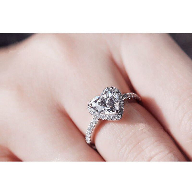 Womens Heart Shape Wedding Ring Alloy Simulated Diamond Micro Set Ring European Individually Packed White Gold
