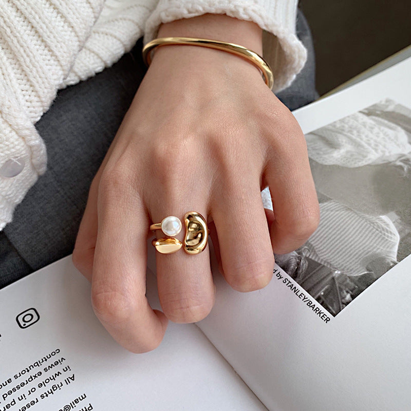 Women's Trendy Index Finger Ring with Petal Design Korean Geometric Electroplated Ring Gold-Plated Inlaid Artificial Gems Fashion Jewelry Ring