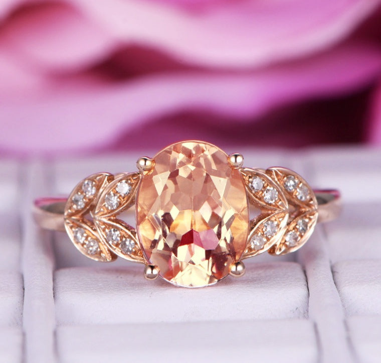 Womens Plant Leaf Ring Rose Gold Plated Oval Champagne Zircon Jewelry Fashion Durable Elegant Gift For Her Gift For Her