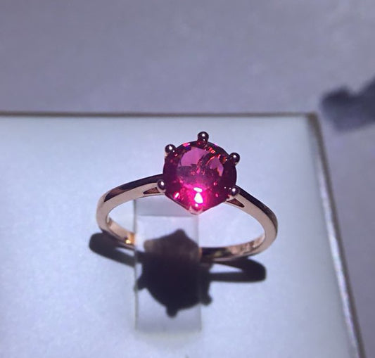 Rose Gold Ring With Diamond Inlaid Ruby Accent Six Claw