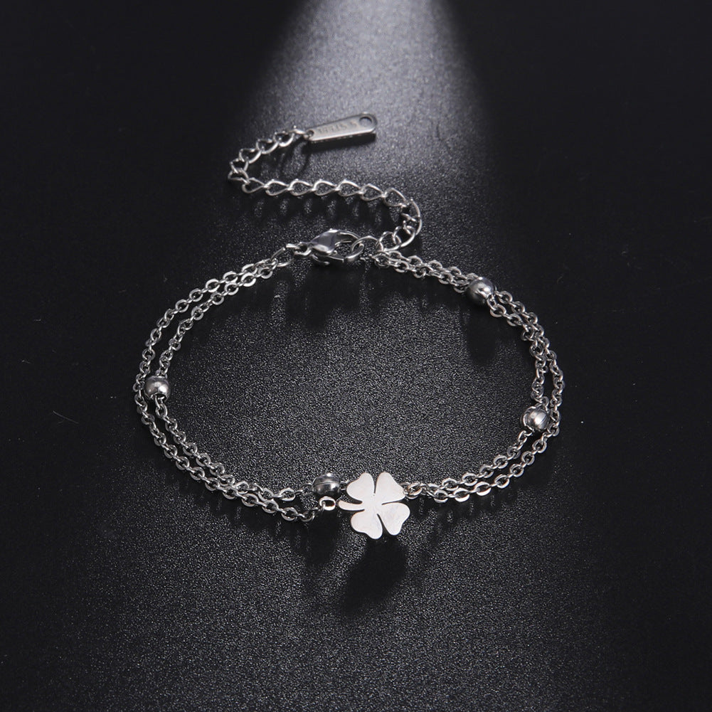 Couples Bracelet Sweet Four Leaf Clover Beads Double Layer Stainless Steel Lightweight Bracelet Employee Gift