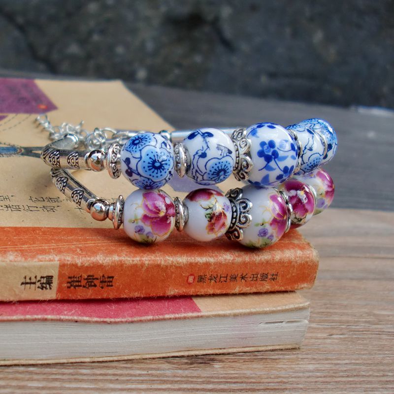 Handmade Porcelain Bracelets Blue And White Ceramic Jewelry With Alloy Accent Retro Elegant Hand Ornament Gift