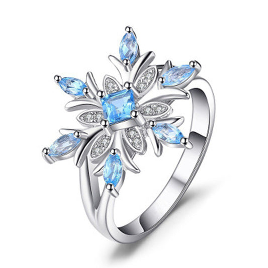Womens Elegant Ring With Floral Snowflake Design Light Blue Zircon Stone Electroplated Metal For Wedding Style