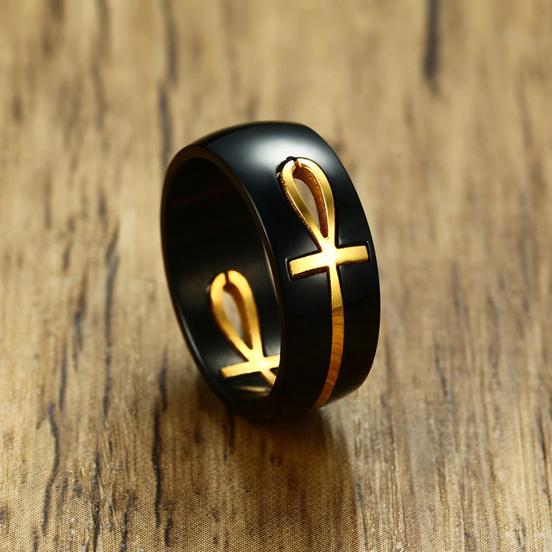 Men Ankh Egyptian Cross Ring Stainless Steel Black Gold Finish Key Of Life Personalized Jewellery For Weddings