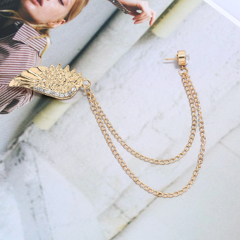 Angel Wings Brooch Silver Plated Rhinestone Metal Tassel Chain Unisex Vintage Fashion Pin Handcrafted Gem Sets