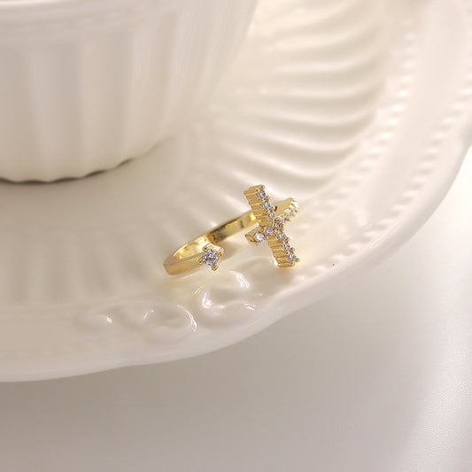 Womens Adjustable Zircon Cross Ring Open Style Gold Plated Copper Ring Or Silver Plated Jewelry Everyday Style