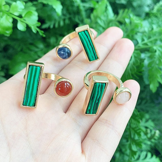 Malachite Square Ring Natural Stone Alloy Electroplated Travel Souvenir Gift Ring Green Stone European American