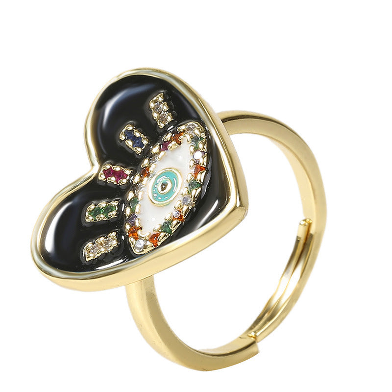 Adjustable Copper Zircon Heart Bow Ring For Women Open Size In White Red Blue Black Design Bright Polish Shine