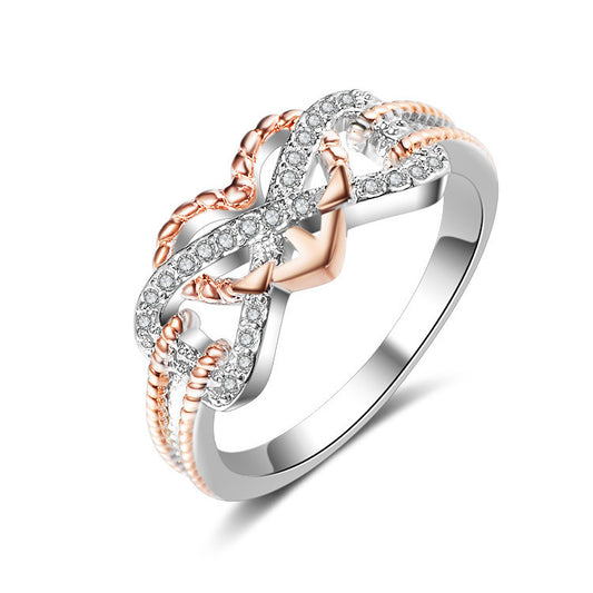 Heart Shaped Two Tone Rose Gold Ring With Zircon Inlay Copper Electroplated Jewelry For Women Wear Elegant Gems