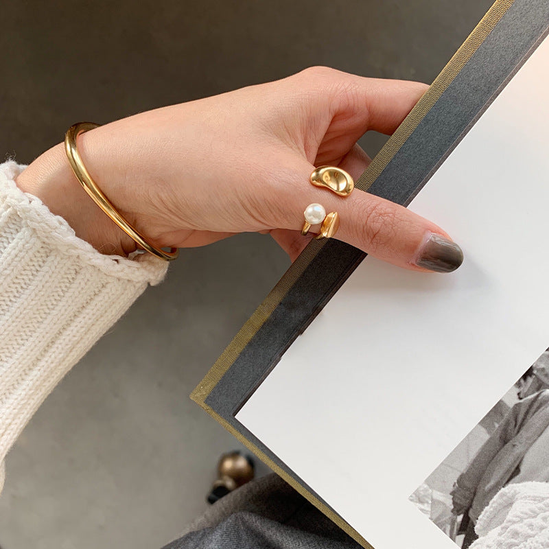 Women's Trendy Index Finger Ring with Petal Design Korean Geometric Electroplated Ring Gold-Plated Inlaid Artificial Gems Fashion Jewelry Ring