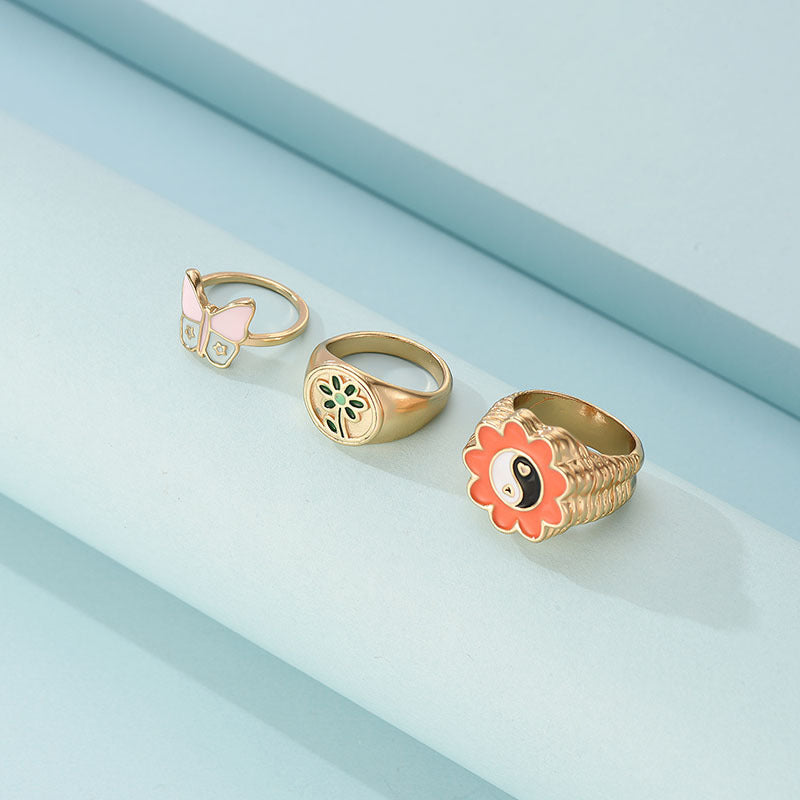 Women Alloy Butterfly Ring Set Three Piece Geometric Dripping Oil Design Elegant Fashion Jewelry For All Occasions