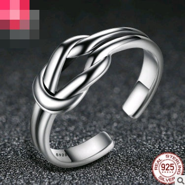 Sterling Silver Double Line Knotted Ring Retro Vintage Adjustable 925 Silver Purity Statement Ring for Women
