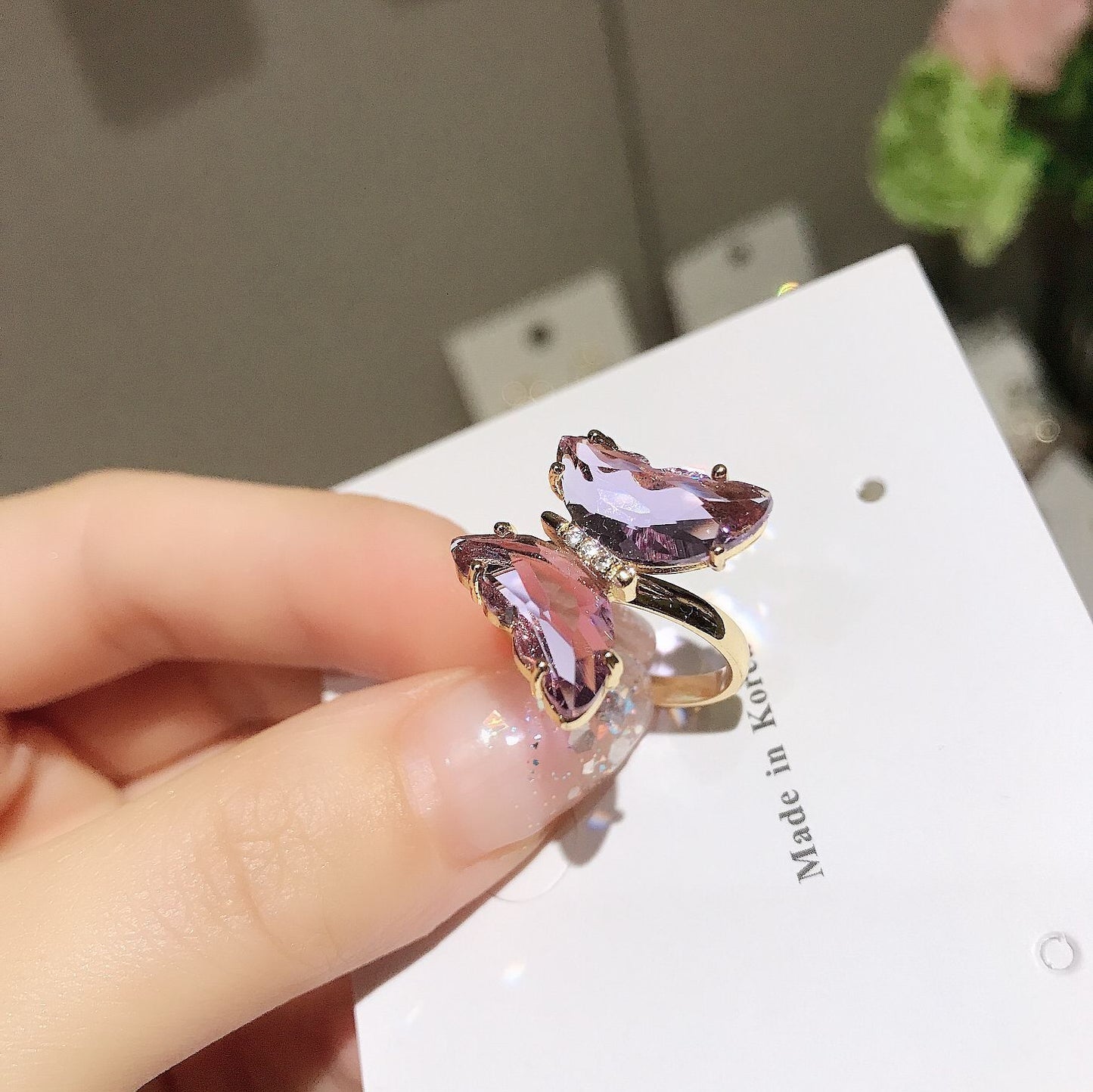 Womens Butterfly Ring Adjustable Crystal Inlay Alloy Insect Jewelry Korean Style Fashion Accessory Ladies Gift