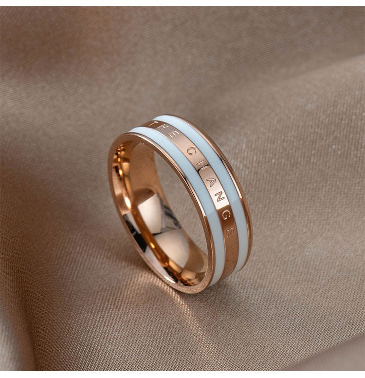 Simple Fashion Wide Epoxy Ceramic Titanium Steel Ring Couple Style Text Letters Rose Gold Silver Colors Styles