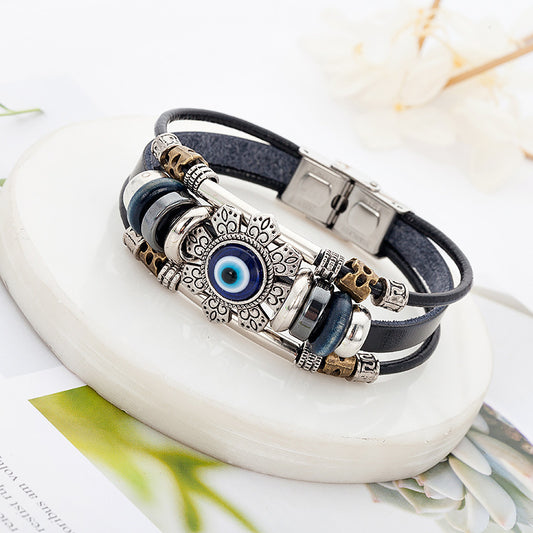 Unisex Turkish Blue Eye Wood Beads Bracelet With Cowhide And Stainless Steel Accents Geometric Alloy Bracelets