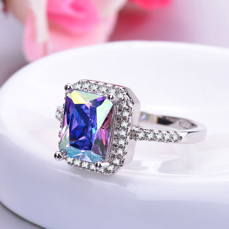 Rectangular Diamond Ring With Colorful Zircon Inlay