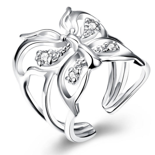 Adjustable Silver Butterfly Zirconia Ring With Copper Core And 925 Silver Plating For Everyday Wear Great Gift
