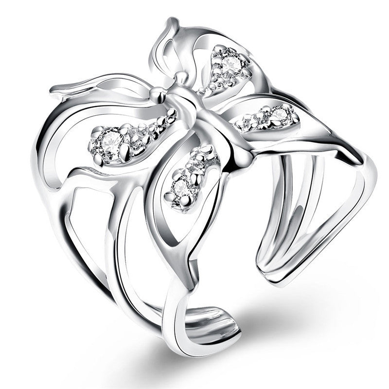 Adjustable Silver Butterfly Zirconia Ring With Copper Core And 925 Silver Plating For Everyday Wear Great Gift