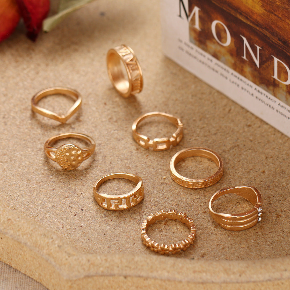 Unisex Geometric Ring Hollow Petaled Design Alloy Gold Plated Inlaid Gemstones Fashions Ring Set For Men Women