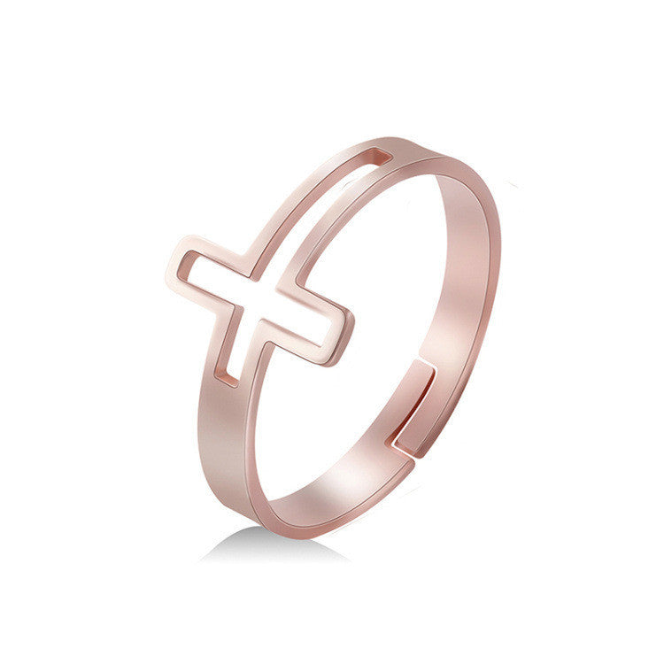 Womens Vintage Adjustable Titanium Steel Rose Gold Ring Polished Round Cross Ring Non Inlaid Fashion Accessory