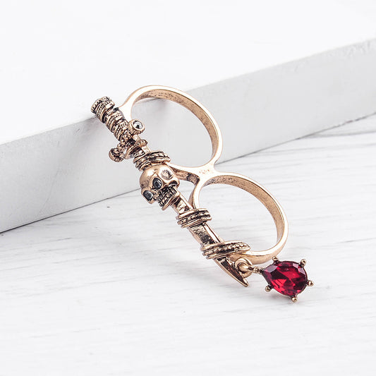 Womens Double Finger Skull Ring Alloy Metal Diamond Drop Design Artificial Gemstones Jewelry European American