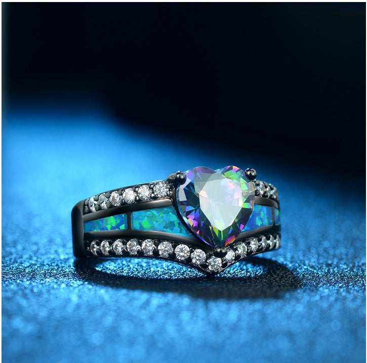 Heart Ring with Colorful Zircon Copper Blue Fire Inlay Anniversary Promise Jewelry Gift for Her for Daily Wear