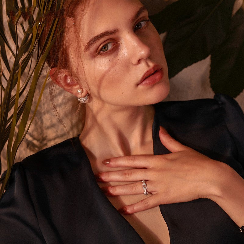 Women Chain Ring Korean Style Alloy Inlaid Gemstones Finger Band Fashion Jewelry Accessory Dainty Elegant Chic