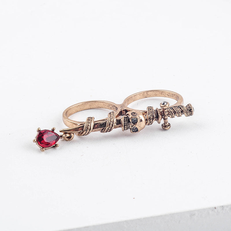 Womens Double Finger Skull Ring Alloy Metal Diamond Drop Design Artificial Gemstones Jewelry European American
