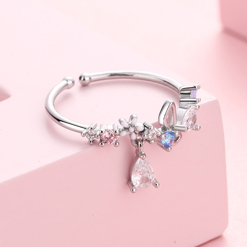 Womens Floral Wreath Ring Zircon Inlaid Copper Adjustable Romantic Japanese Inspired Elegant Jewelry For Festivals