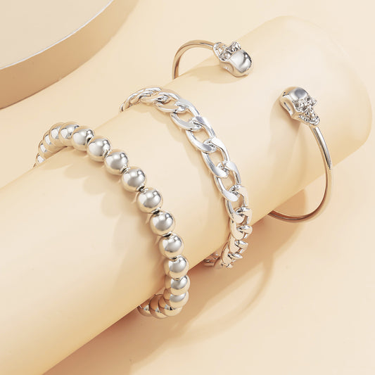 Womens Punk Skull Bracelet Set Metal Chain And Round Beads Fashion Jewelry Accessory Gift Idea For Her Everyday Wear