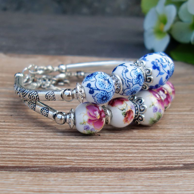Handmade Porcelain Bracelets Blue And White Ceramic Jewelry With Alloy Accent Retro Elegant Hand Ornament Gift