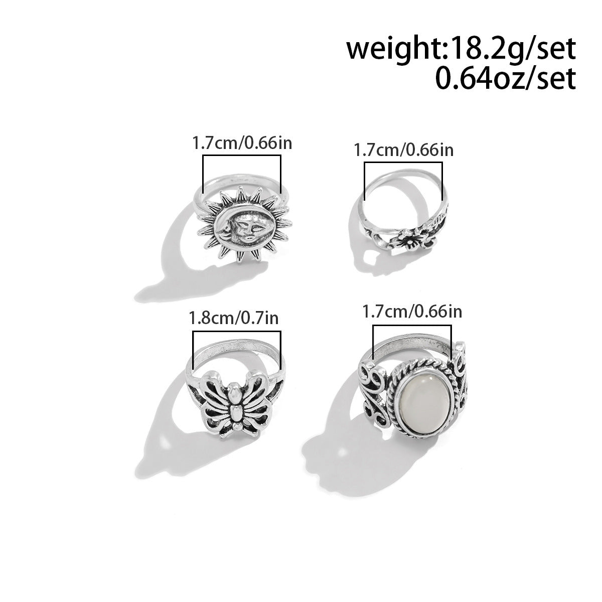 Retro Ethnic Sun Relief Butterfly Ring Set 4 Piece For Women Antique Silver Finish Jewelry For Daily Wear Plus