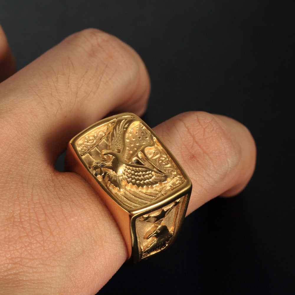 Mens Eagle Ring Vintage Stainless Steel Geometric Design