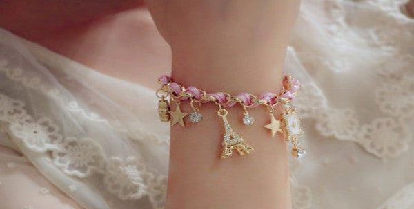Womens Alloy Bracelet Rhinestone And Artificial Gems Korean Star Flower Design Electroplated Leather Rope Bracelet