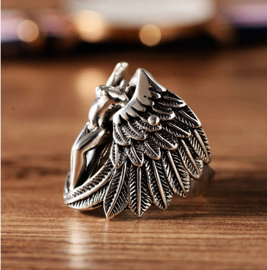 Retro Guardian Angel Cross Wing Ring Copper Jewelry For Men And Women Hand Polished Gift A Guardian Angel Gift