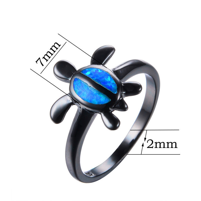 Unisex Black Gold Big Tortoise Oval Ring with Blue Zircon Gemstone Star Inspired Electroplated Copper Fashion Ring Birthday Gift Costume Jewelry