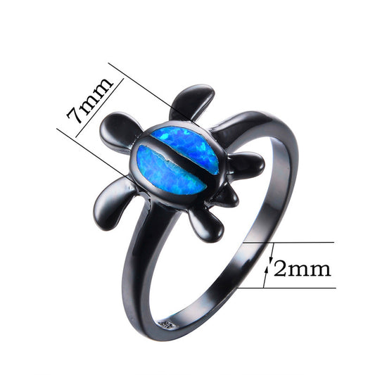 Unisex Black Gold Big Tortoise Oval Ring with Blue Zircon Gemstone Star Inspired Electroplated Copper Fashion Ring Birthday Gift Costume Jewelry